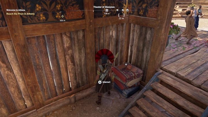 Riddle solution: You will find the mask on the pile of blankets at the theatre - Attika - Ainigmata Ostraka in Assassins Creed Odyssey Game - Ainigmata Ostraka - Assassins Creed Odyssey Guide