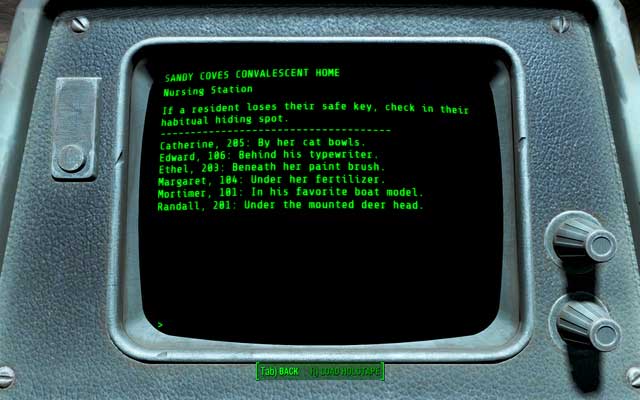 The original list of all keys from the terminal - Sandy Coves Convalescent House - Salem - Sector 3 - Fallout 4 Game Guide & Walkthrough