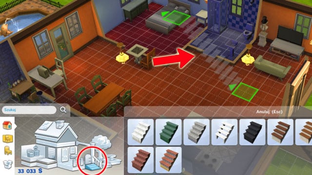 Go back to the lower floor, look for the stairs icon in the build panel, then choose a pattern and place the stairs inside the house - Expanding a house | The house - The house - The Sims 4 Game Guide