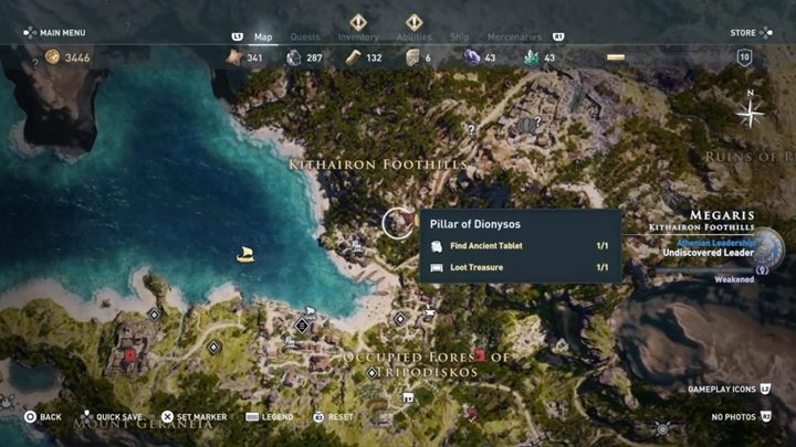 Solution: Pillar of Dionysos is north from the cave - Megaris - Ainigmata Ostraka in Assassins Creed Odyssey Game - Ainigmata Ostraka - Assassins Creed Odyssey Guide