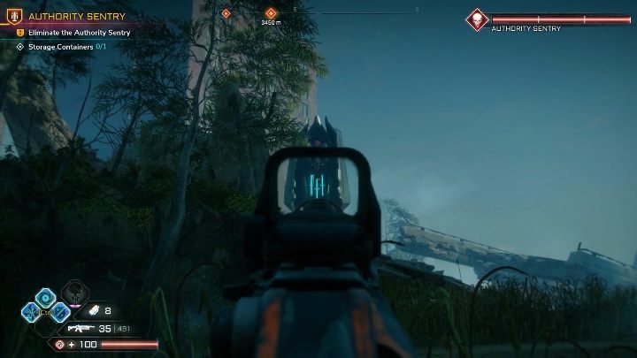 To destroy this Authority Sentry you can hide behind the mountain on the left side of the location and shoot at the object - Brocken Track in Sekreto Wetlands - Rage 2 - Authority Sentry - Rage 2 Guide