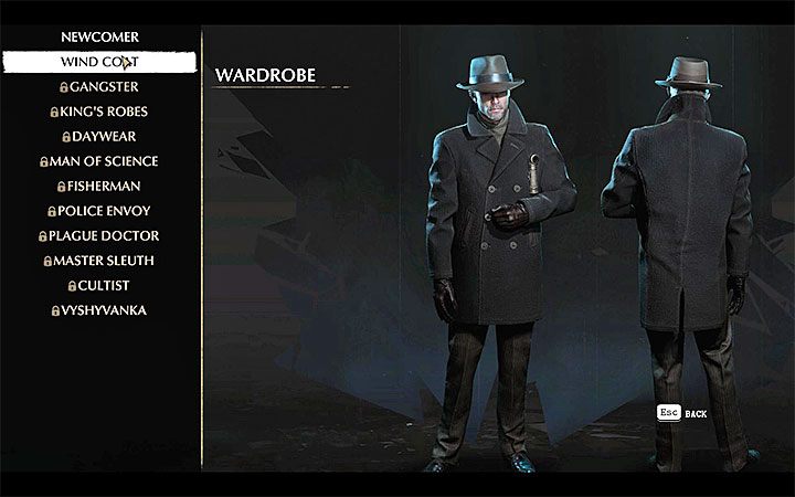 The game displays a list of outfits, however, initially only the Wind Coat is available - How to change your characters clothes in The Sinking City? - FAQ - The Sinking City Guide