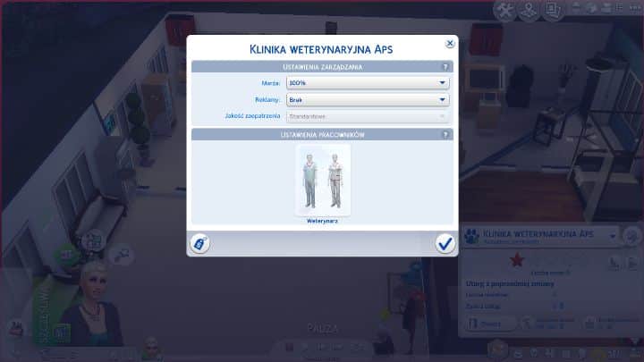 In the clinic management menu (chich you can also Access by clicking on the Cash register icon), you can set the levels of mark-up, advertising, quality of supply and change outfits of your staff - Vet clinic Sims 4: Cats and Dogs - Sims 4: Cats & Dogs Guide - The Sims 4 Game Guide
