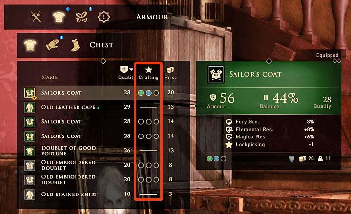You can only improve weapons and armor that have free upgrade slots - Craftsmanship and alchemy in GreedFall - Basics - GreedFall Guide