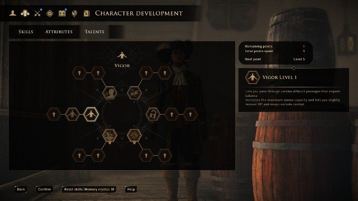 This talent increases your ammunition, health points, mana and agility of the hero - Talents in GreedFall - Basics - GreedFall Guide